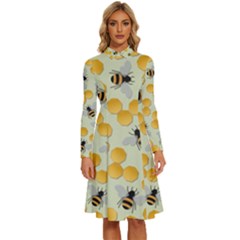 Bees Pattern Honey Bee Bug Honeycomb Honey Beehive Long Sleeve Shirt Collar A-line Dress