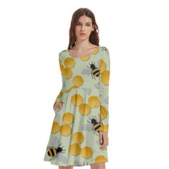 Bees Pattern Honey Bee Bug Honeycomb Honey Beehive Long Sleeve Knee Length Skater Dress With Pockets