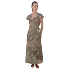 Old Vintage Classic Map Of Europe Flutter Sleeve Maxi Dress