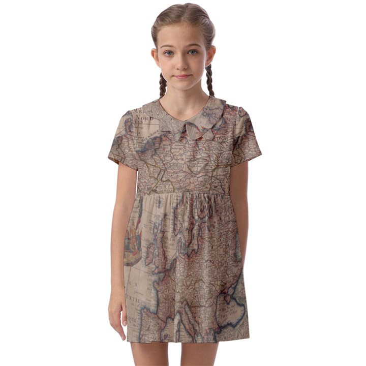 Old Vintage Classic Map Of Europe Kids  Asymmetric Collar Dress