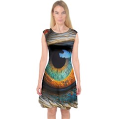 Eye Bird Feathers Vibrant Capsleeve Midi Dress