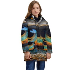 Eye Bird Feathers Vibrant Kids  Hooded Longline Puffer Jacket