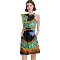 Eye Bird Feathers Vibrant Cocktail Party Halter Sleeveless Dress With Pockets