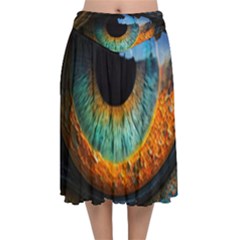 Eye Bird Feathers Vibrant Velvet Flared Midi Skirt