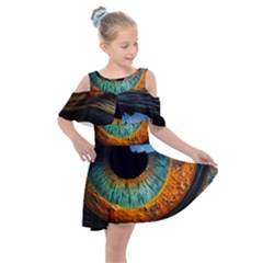 Eye Bird Feathers Vibrant Kids  Shoulder Cutout Chiffon Dress