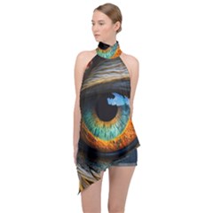 Eye Bird Feathers Vibrant Halter Asymmetric Satin Top