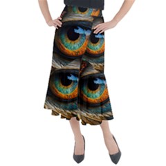 Eye Bird Feathers Vibrant Midi Mermaid Skirt