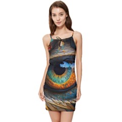 Eye Bird Feathers Vibrant Summer Tie Front Dress