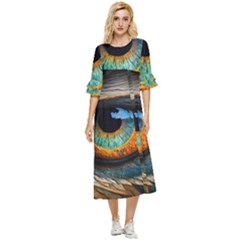 Eye Bird Feathers Vibrant Double Cuff Midi Dress