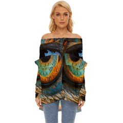 Eye Bird Feathers Vibrant Off Shoulder Chiffon Pocket Shirt