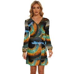 Eye Bird Feathers Vibrant Long Sleeve Waist Tie Ruffle Velvet Dress