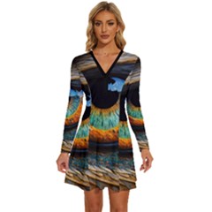 Eye Bird Feathers Vibrant Long Sleeve Deep V Mini Dress 