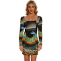 Eye Bird Feathers Vibrant Long Sleeve Square Neck Bodycon Velvet Dress View1