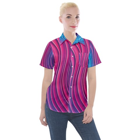 Spiral Swirl Pattern Light Circle Women s Short Sleeve Pocket Shirt by Ndabl3x