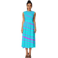 Wave Stripe Pattern Design Aqua Sleeveless Round Neck Midi Dress