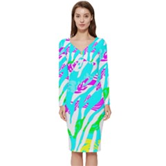 Animal Print Bright Abstract Long Sleeve V-neck Bodycon Dress 