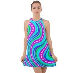 Swirls Pattern Design Bright Aqua Halter Tie Back Chiffon Dress by Ndabl3x