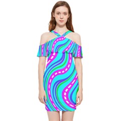 Swirls Pattern Design Bright Aqua Shoulder Frill Bodycon Summer Dress