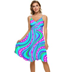 Swirls Pattern Design Bright Aqua Sleeveless Tie Front Chiffon Dress