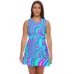 Swirls Pattern Design Bright Aqua Waist Tie Tier Mini Chiffon Dress