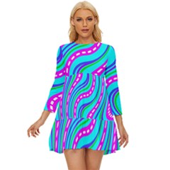 Swirls Pattern Design Bright Aqua Long Sleeve Babydoll Dress