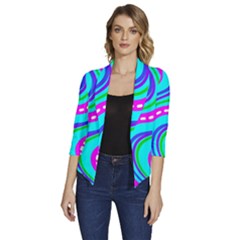 Swirls Pattern Design Bright Aqua Women s Draped Front 3/4 Sleeve Shawl Collar Jacket by Ndabl3x