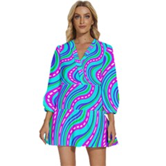 Swirls Pattern Design Bright Aqua V-neck Placket Mini Dress