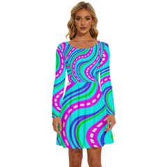 Swirls Pattern Design Bright Aqua Long Sleeve Wide Neck Velvet Dress