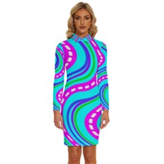 Swirls Pattern Design Bright Aqua Long Sleeve Shirt Collar Bodycon Dress