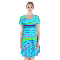 Pattern Swirl Pink Green Aqua Short Sleeve V-neck Flare Dress
