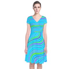 Pattern Swirl Pink Green Aqua Short Sleeve Front Wrap Dress