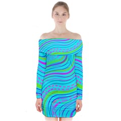 Pattern Swirl Pink Green Aqua Long Sleeve Off Shoulder Dress