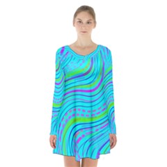 Pattern Swirl Pink Green Aqua Long Sleeve Velvet V-neck Dress