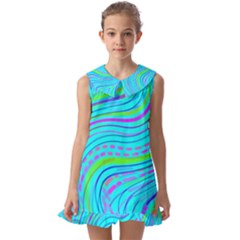 Pattern Swirl Pink Green Aqua Kids  Pilgrim Collar Ruffle Hem Dress