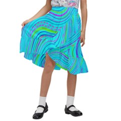 Pattern Swirl Pink Green Aqua Kids  Ruffle Flared Wrap Midi Skirt