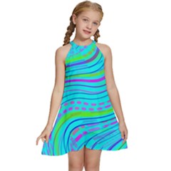 Pattern Swirl Pink Green Aqua Kids  Halter Collar Waist Tie Chiffon Dress