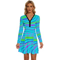 Pattern Swirl Pink Green Aqua Long Sleeve Deep V Mini Dress 