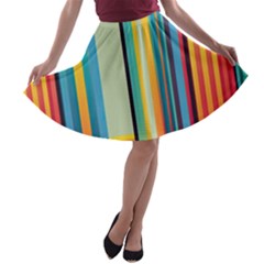 Colorful Rainbow Striped Pattern Stripes Background A-line Skater Skirt