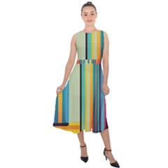 Colorful Rainbow Striped Pattern Stripes Background Midi Tie-back Chiffon Dress