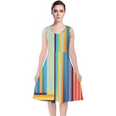 Colorful Rainbow Striped Pattern Stripes Background V-neck Midi Sleeveless Dress 