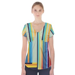 Colorful Rainbow Striped Pattern Stripes Background Short Sleeve Front Detail Top