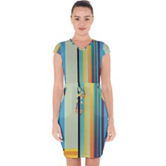 Colorful Rainbow Striped Pattern Stripes Background Capsleeve Drawstring Dress 