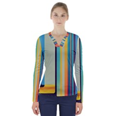 Colorful Rainbow Striped Pattern Stripes Background V-neck Long Sleeve Top