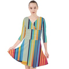 Colorful Rainbow Striped Pattern Stripes Background Quarter Sleeve Front Wrap Dress