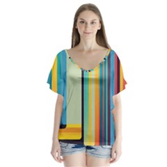 Colorful Rainbow Striped Pattern Stripes Background V-neck Flutter Sleeve Top