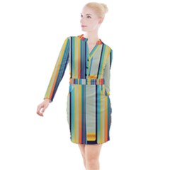 Colorful Rainbow Striped Pattern Stripes Background Button Long Sleeve Dress