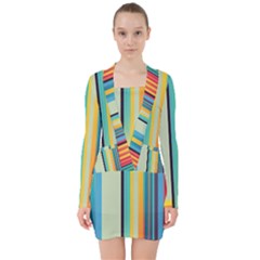 Colorful Rainbow Striped Pattern Stripes Background V-neck Bodycon Long Sleeve Dress