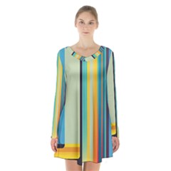 Colorful Rainbow Striped Pattern Stripes Background Long Sleeve Velvet V-neck Dress