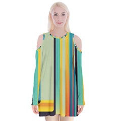 Colorful Rainbow Striped Pattern Stripes Background Velvet Long Sleeve Shoulder Cutout Dress