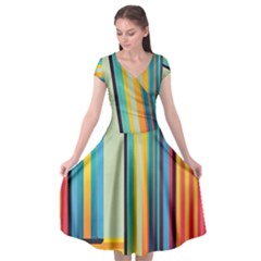 Colorful Rainbow Striped Pattern Stripes Background Cap Sleeve Wrap Front Dress